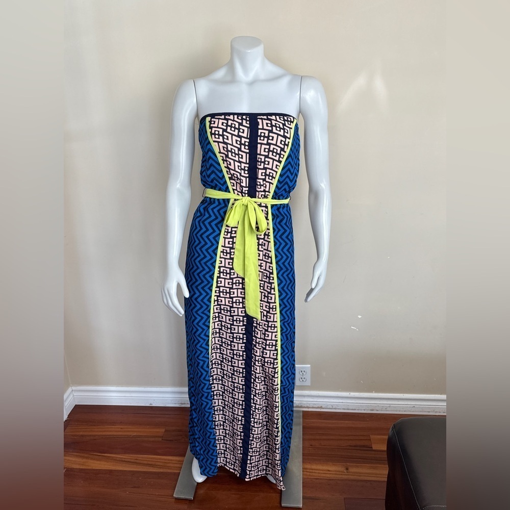 Jealous Tomato Strapless Blue Chevron & Neon Yellow Belt Maxi Dress - Picture 2 of 5